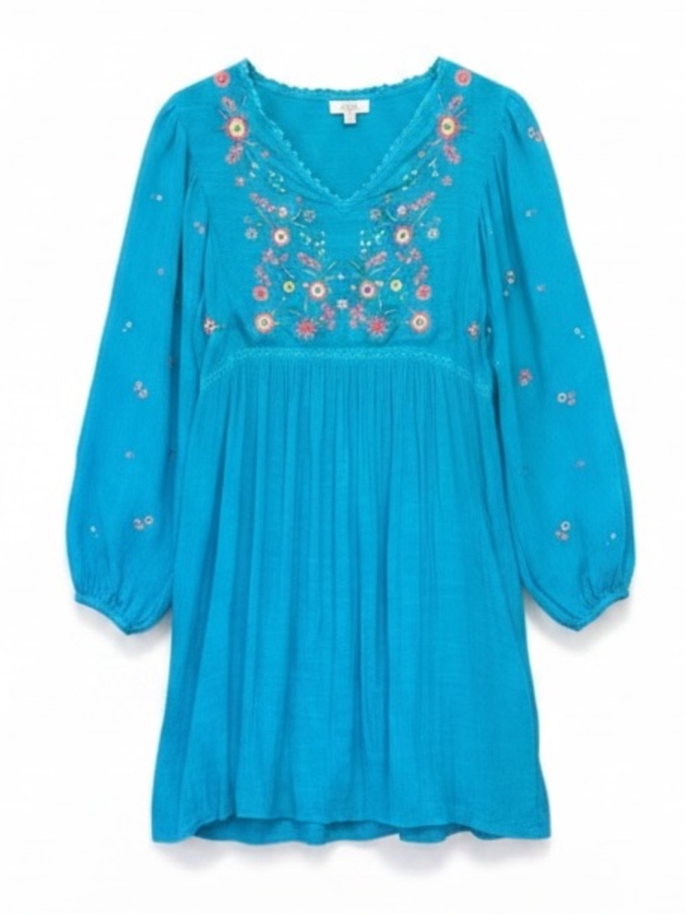 Umgee Floral Embroidered Long Balloon Sleeve Dress Turquoise Blue Large - Picture 1 of 7